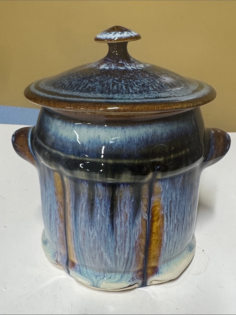 Bill Campbell Pottery Canister With Lid And Blue Drip Glaze Signed 6.5” x 4.5”